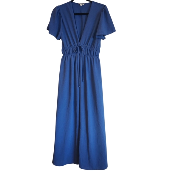 See You Monday Dresses & Skirts - See You Monday Dusty Blue V-Neck Elastic Waist Maxi Dress Size L Flutter Sleeves